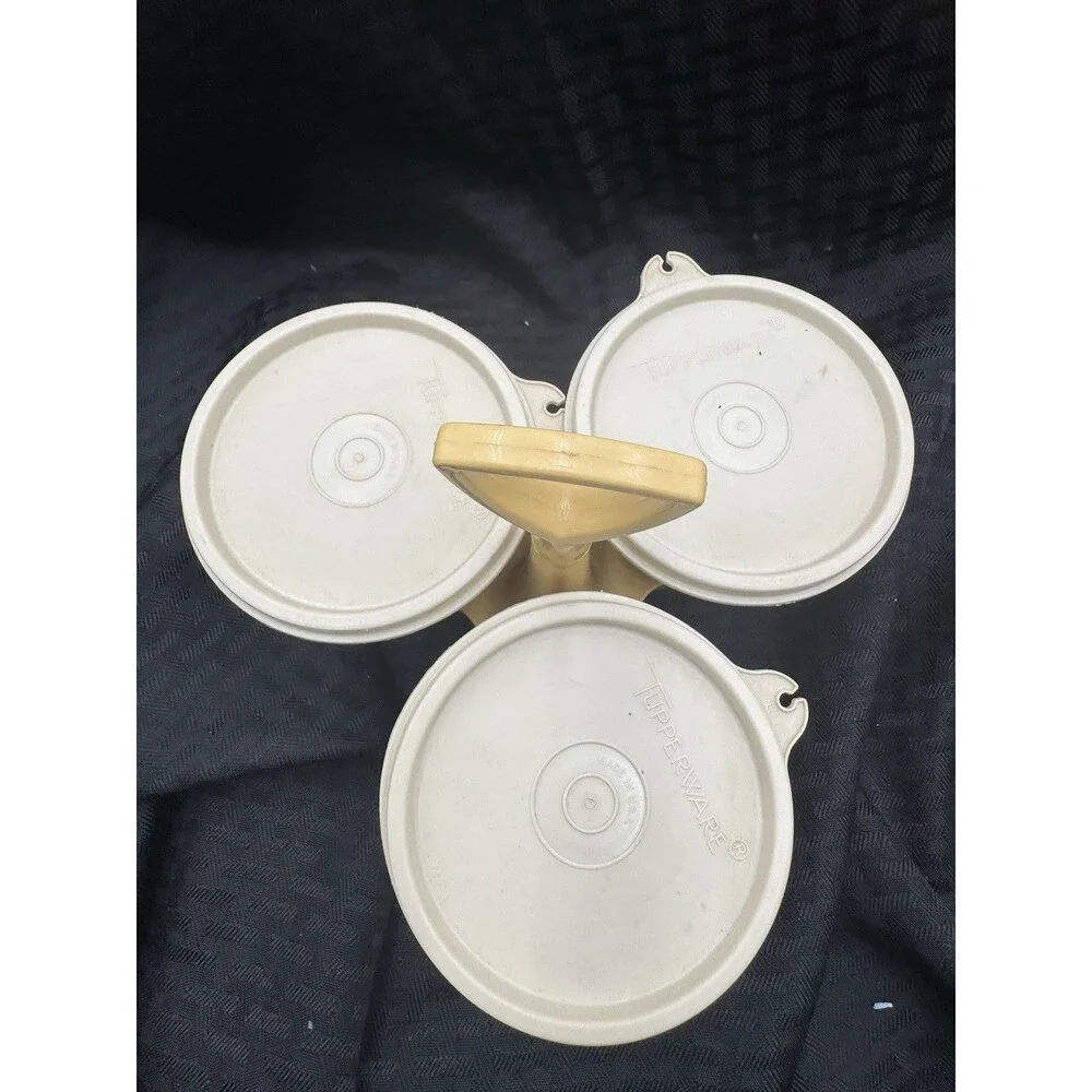 Vintage Tupperware 757-15 Condiment Serving Caddy Tan 3 Containers With Lids